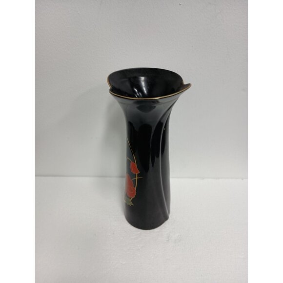 Vintage 70s Fine China Black Elegance Asian Vase With Red Poppy Flowers Japan - Picture 5 of 10